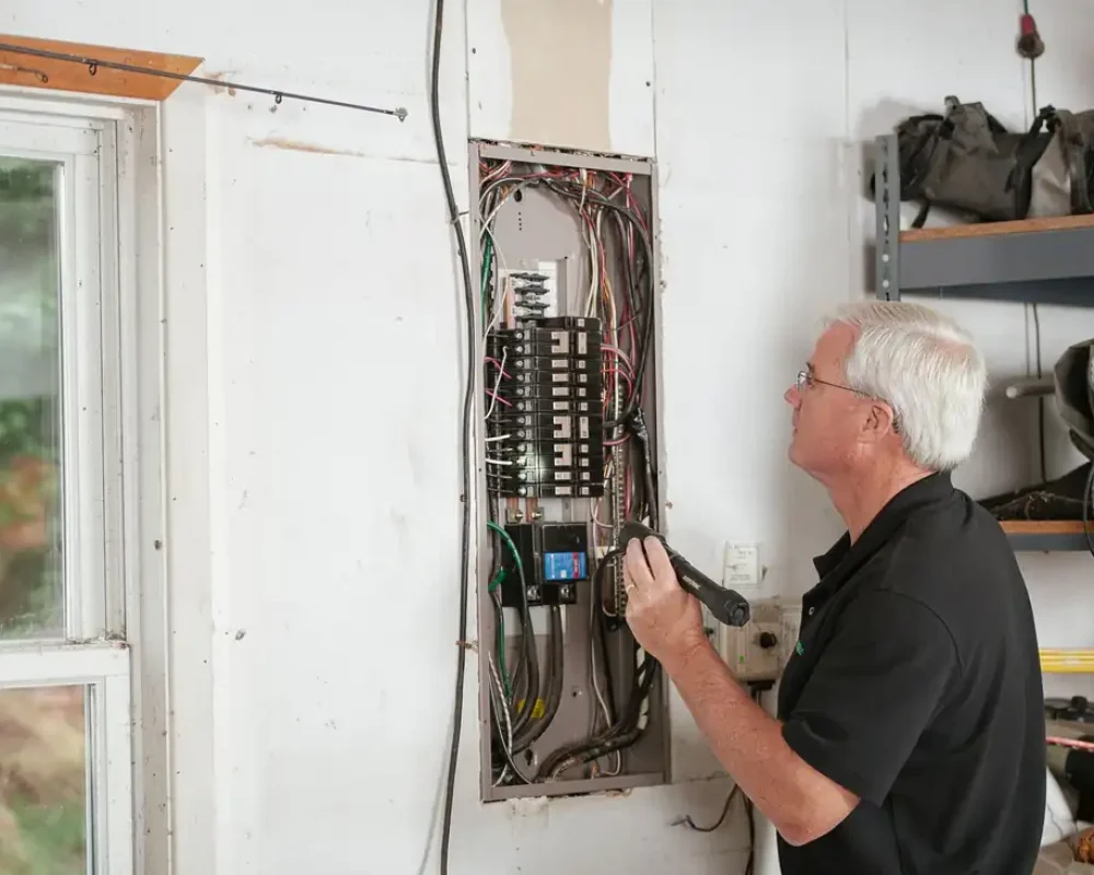 Electrician checking the breakers in a home electrical panel